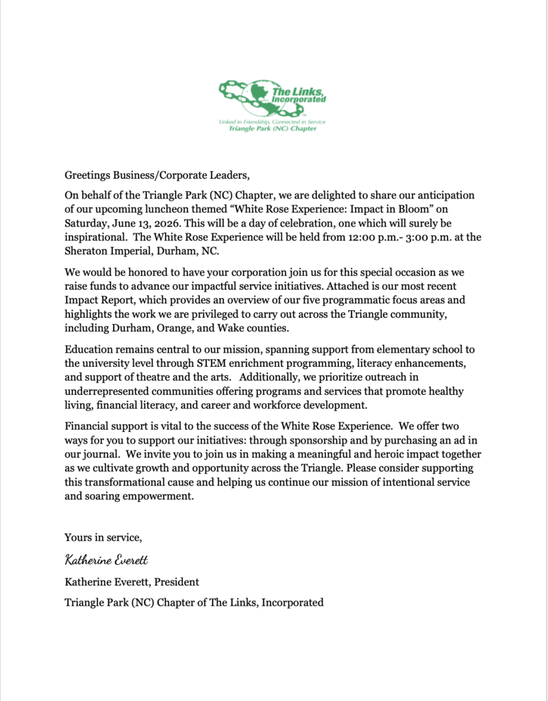 Screenshot of the 2026 White Rose Experience sponsorship donor letter