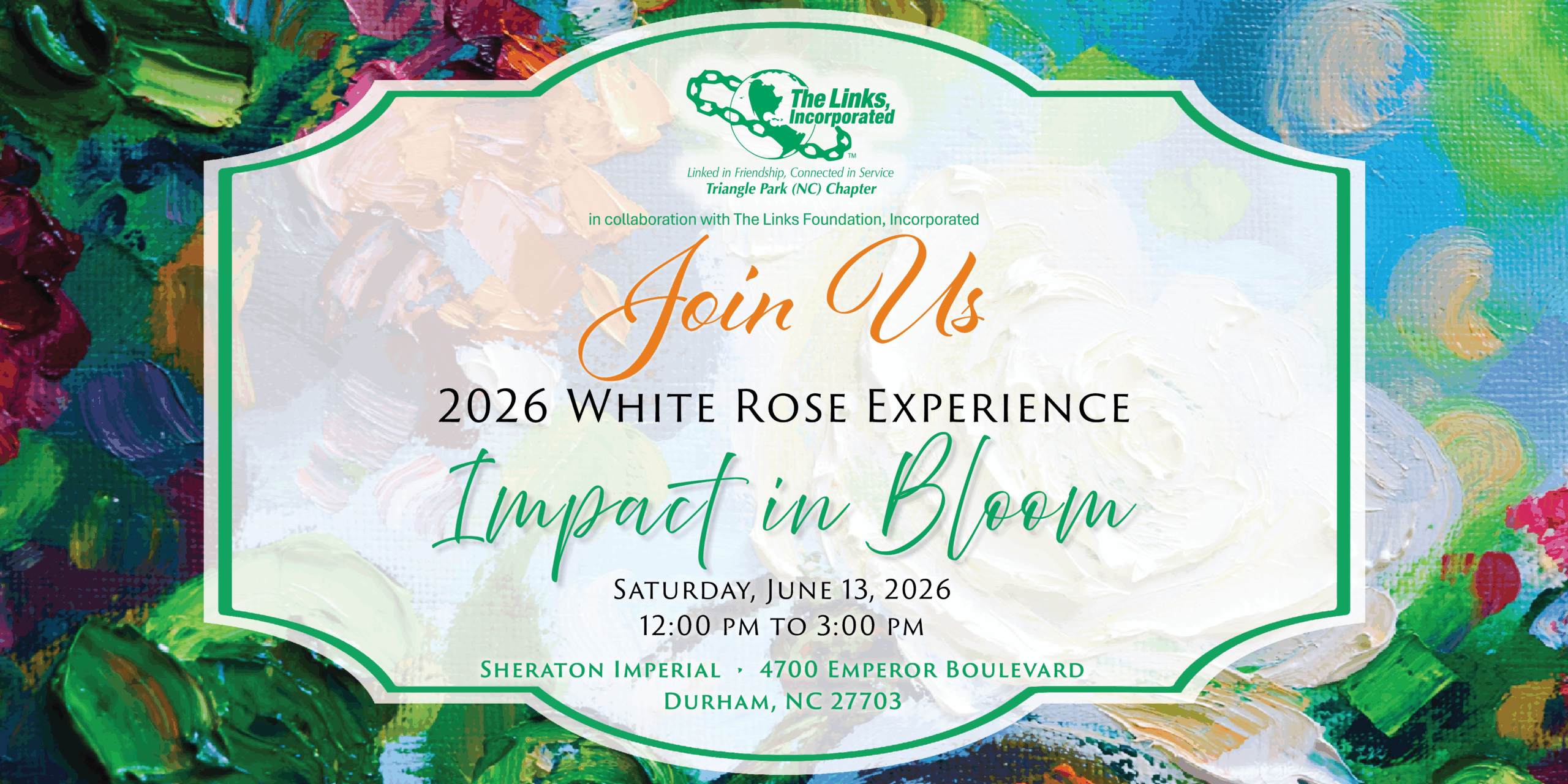 A save the date invitation for a 2026 White Rose Luncheon with a multi-colored paint splatter background.